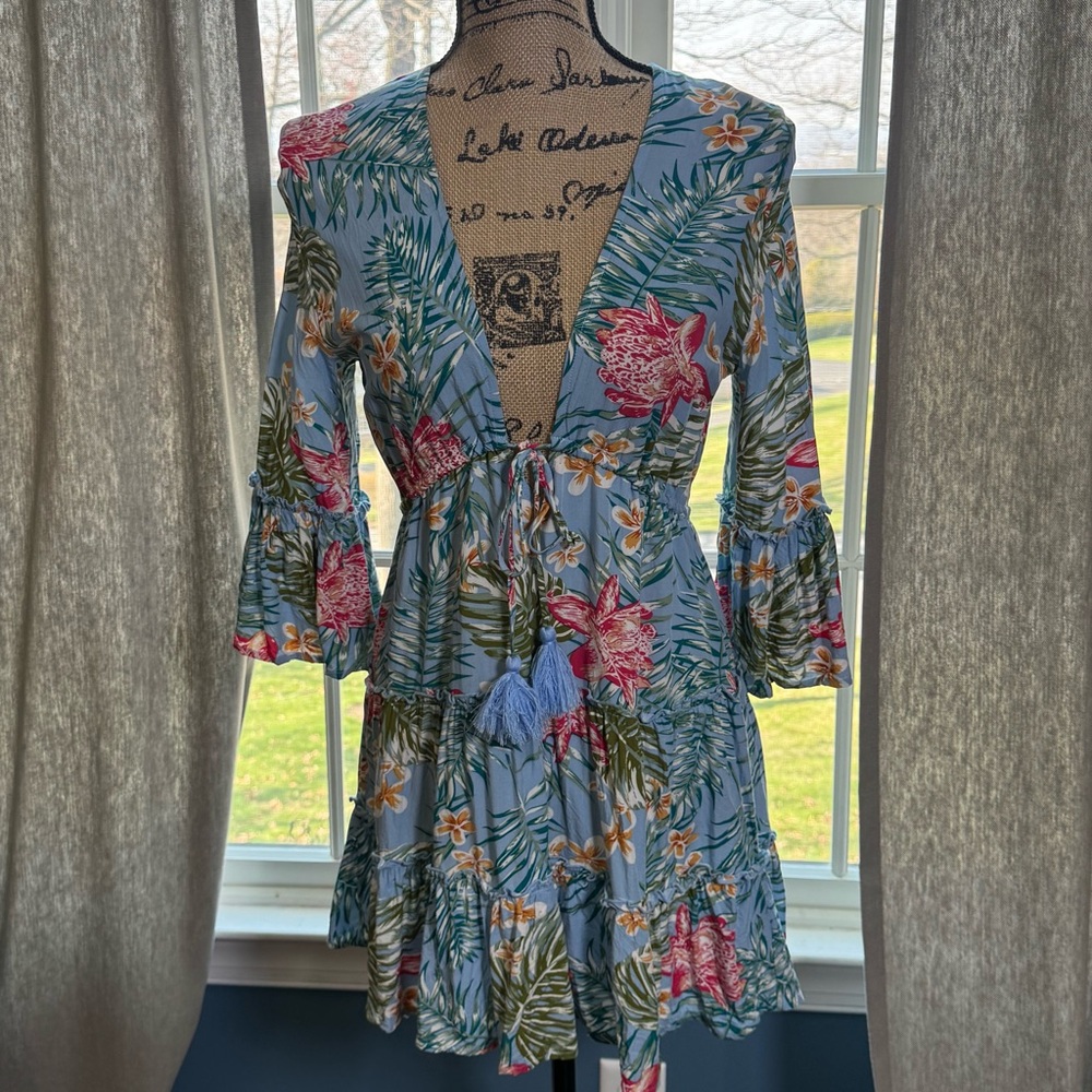 Blue Island - Floral Tassel Tie Mini Dress Light Blue & Colorful Print - Size S